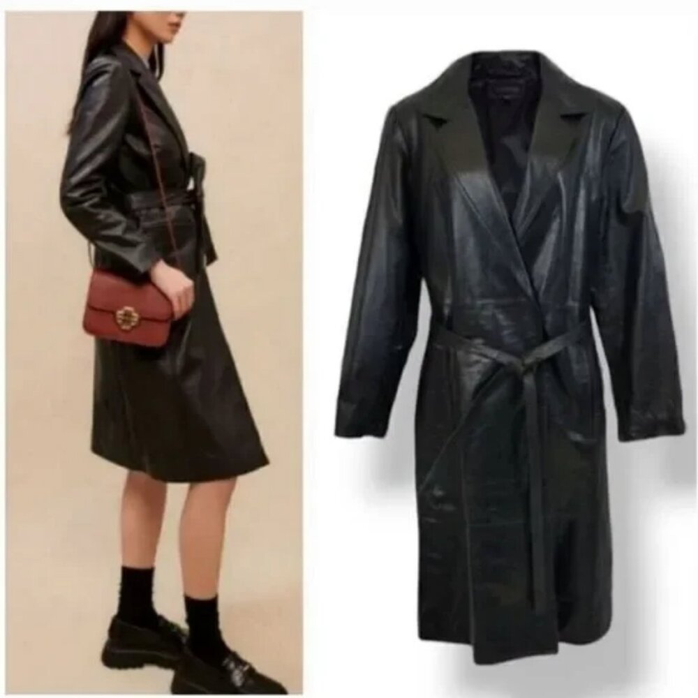 Vintage Express 100% Genuine Leather Belted Trench Coat Size S